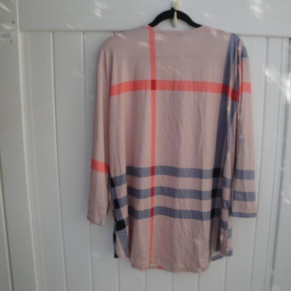 Amaryllis Women Plaid Size Small Peach Gray Orange V Neck Roll-Sleeves - Picture 3 of 3